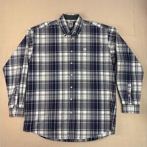 Cinch Navy and White Plaid Long Sleeve Button Down Shirt Size Large